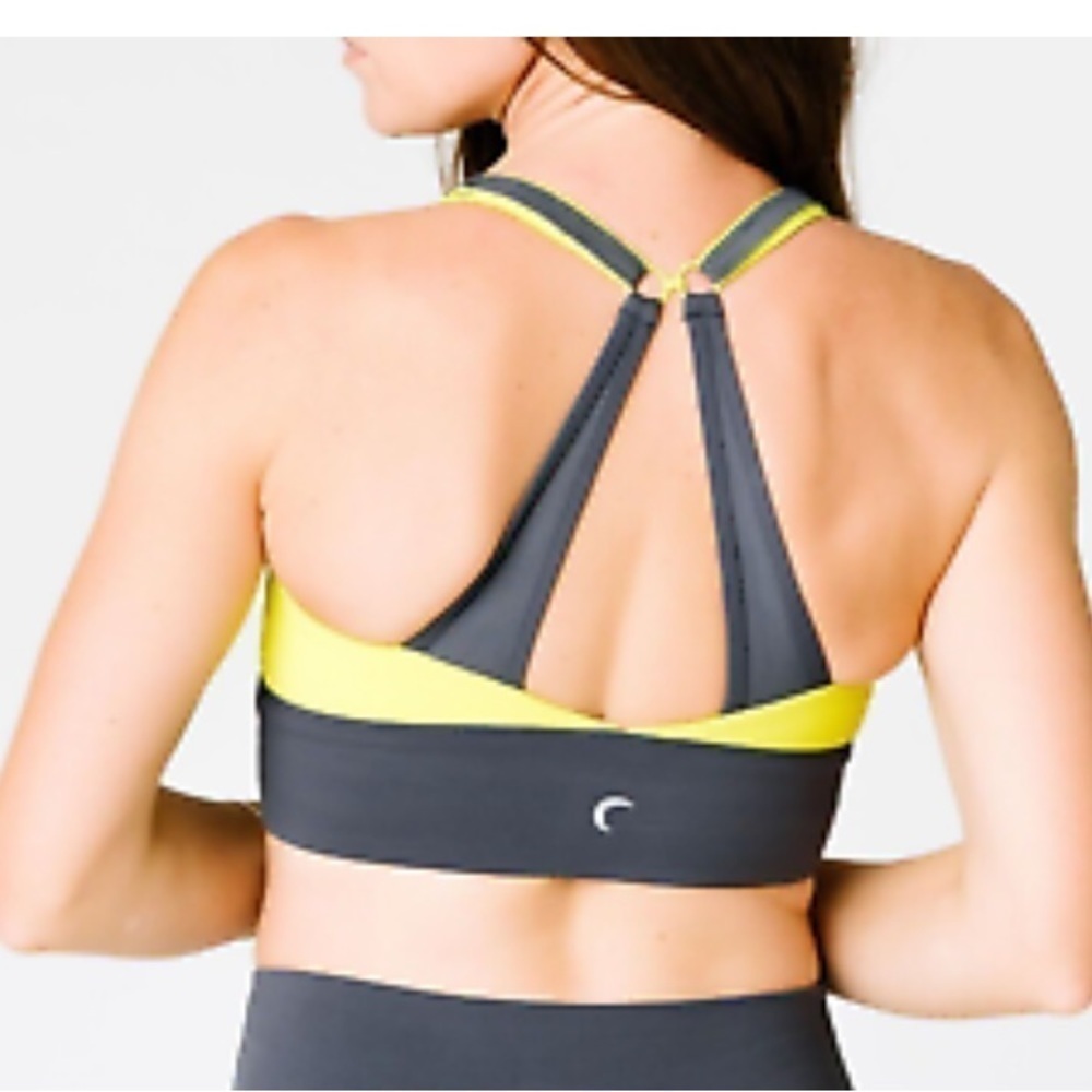 Zyia Active Storm Parallel Ribbed Luxe Adjustable Bra Yellow Gray Sz XS